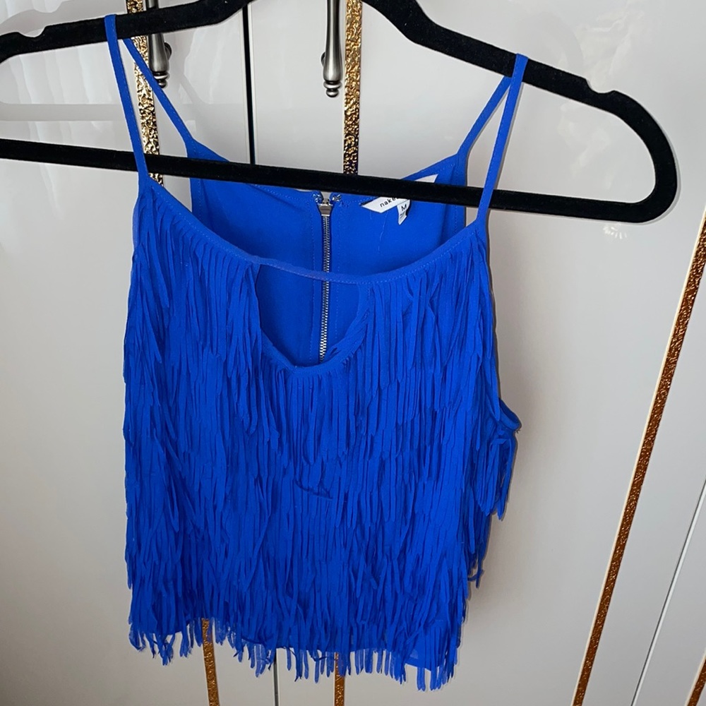 Naked zebra royal blue zipper fringe top